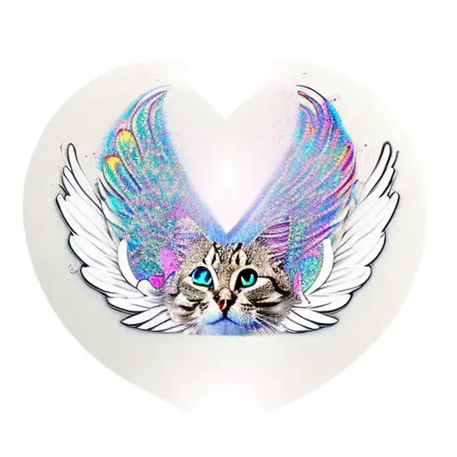 An artistic representation of angel wings morphing into cat ears, with a heart at the center tattoo design idea