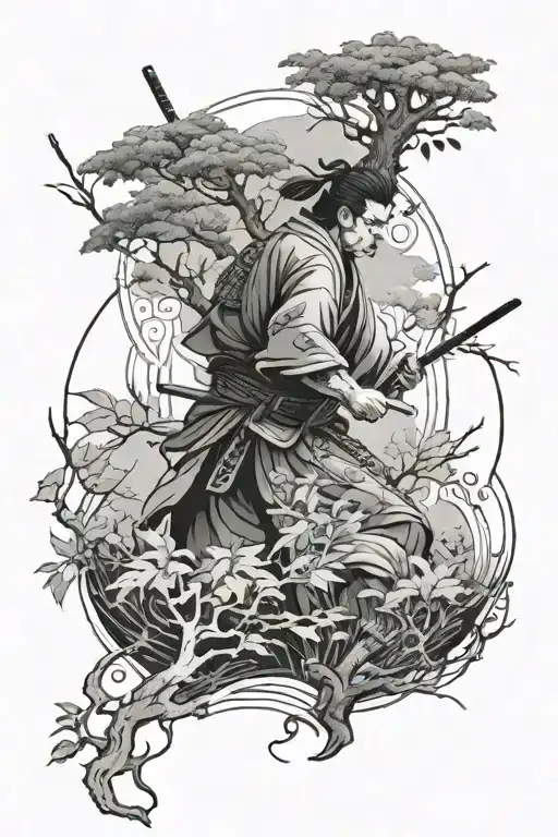 An intricate design of a samurai performing seppuku with the forest as a backdrop, incorporating elements of nature like leaves and branches tattoo design idea
