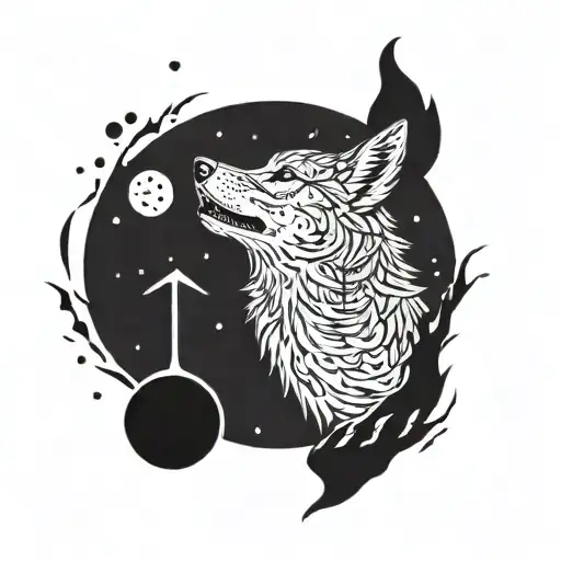 A wolf howling at the moon with hockey pucks scattered around it tattoo design idea