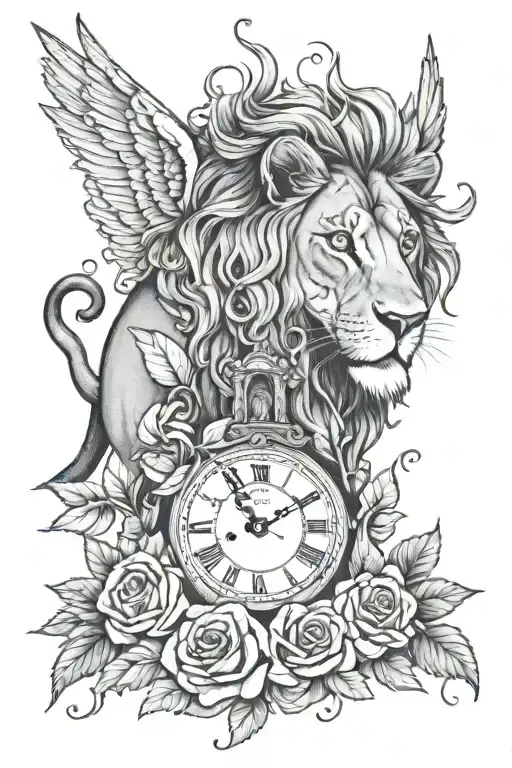 lion roses dove clock tower tattoo design idea