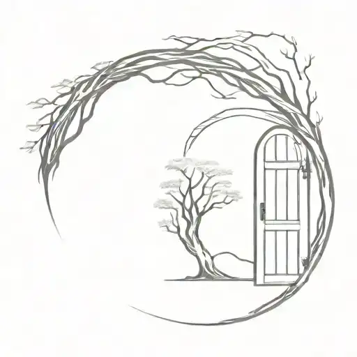hobbit door, melancholy, curved trees tattoo design idea