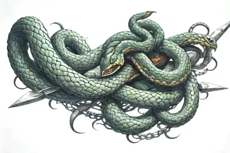 cross sword wrapped snake coiled tattoo design idea