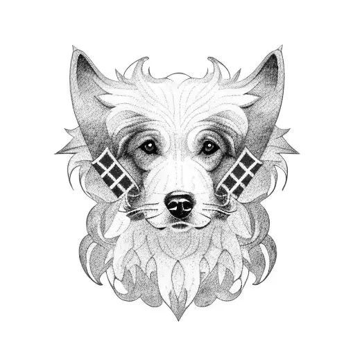 A blackwork tattoo of a majestic dog with the Dominican Republic flag incorporated into its fur tattoo design idea