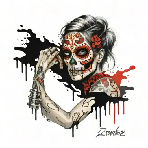 zombie girl sugar skull tattoo design idea
