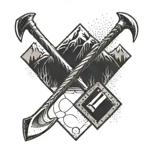 Create a geometric design featuring a pickaxe and shovel intertwined with mountain peaks, symbolizing your love for mining and mountains tattoo design idea