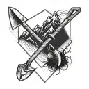 Create a geometric design featuring a pickaxe and shovel intertwined with mountain peaks, symbolizing your love for mining and mountains tattoo design idea