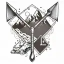 Create a geometric design featuring a pickaxe and shovel intertwined with mountain peaks, symbolizing your love for mining and mountains tattoo design idea