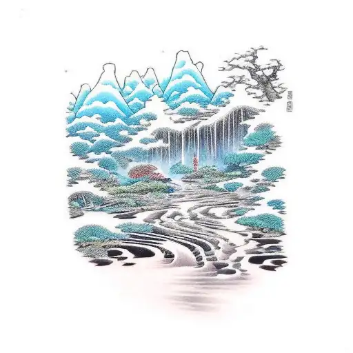 A serene waterfall flowing through a lush forest tattoo design idea