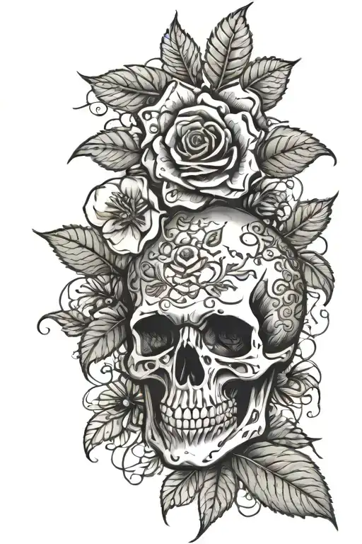 blackberry bush with a skull and black rose wrapping tattoo design idea