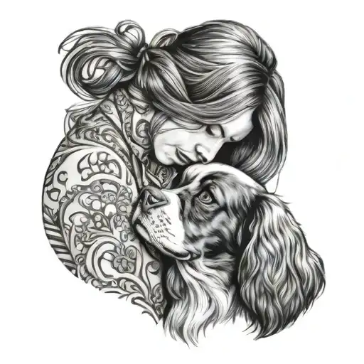 woman kissing cavalier king charles spaniel tattoo design idea