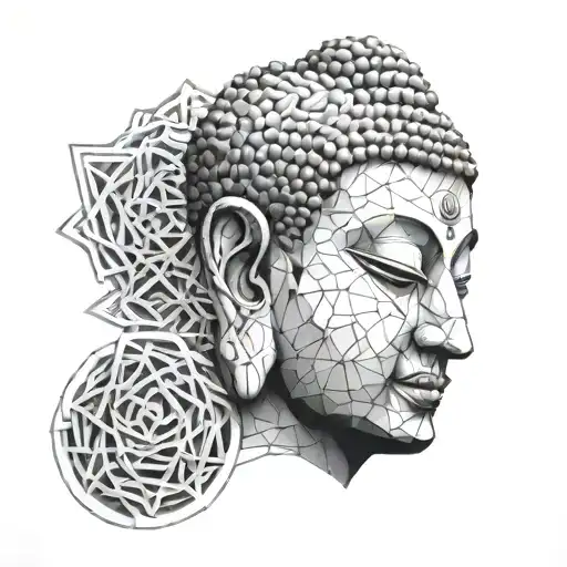 Buddha's face morphing into a geometric symbol tattoo design idea