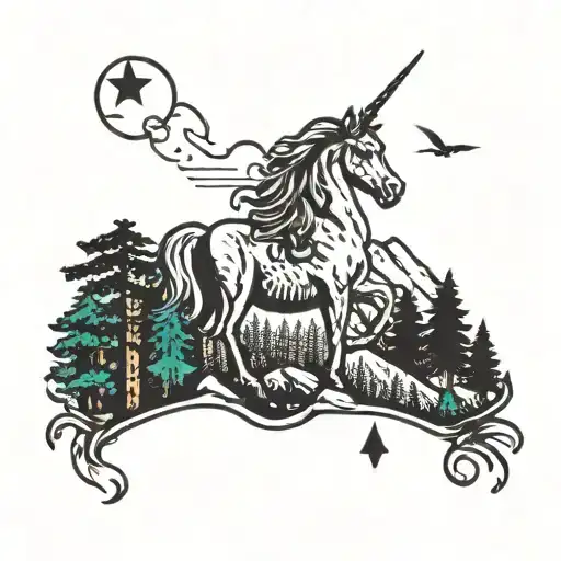 Appalachian Trail symbol and unicorn and trees and mountains tattoo design idea