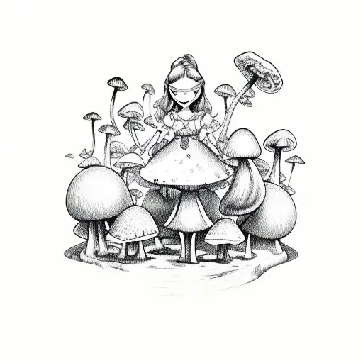 alice wonderland, colour, mushrooms,  smile tattoo design idea