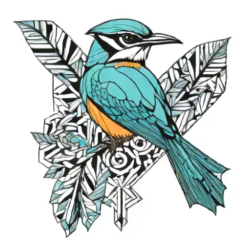 Turquoise-browed motmot in the style of fernando llort tattoo design idea