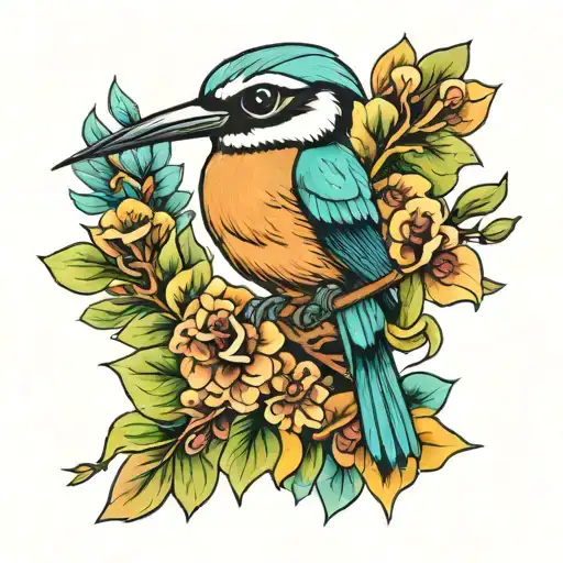 Turquoise-browed motmot in the style of fernando llort tattoo design idea