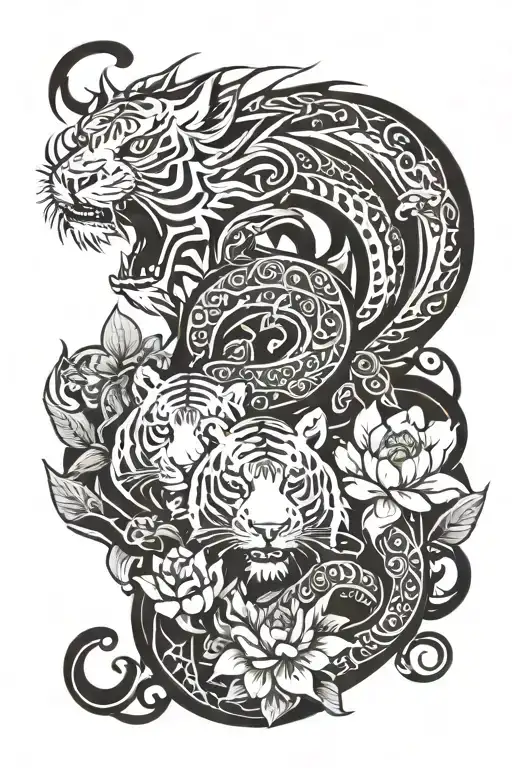 A dragon and a white tiger with lotus flowers growing tattoo design idea