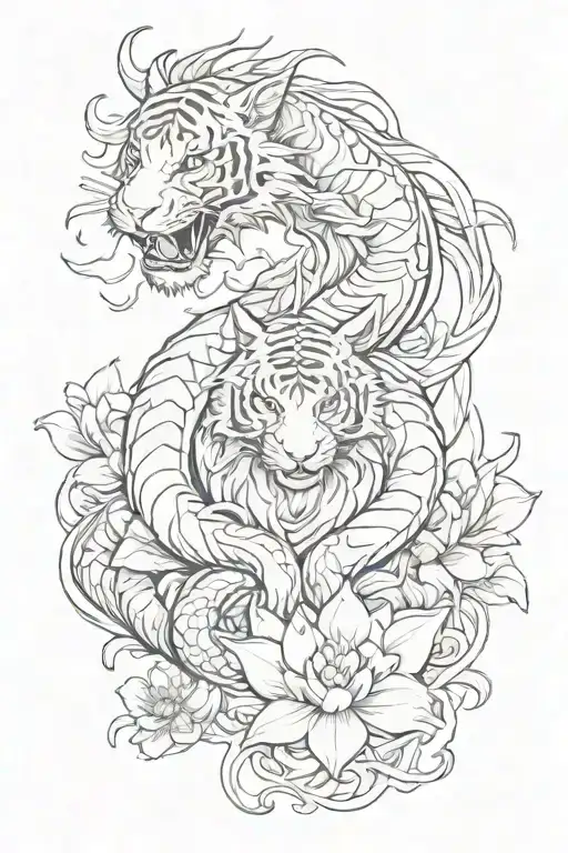 A dragon and a white tiger with lotus flowers intertwined tattoo design idea