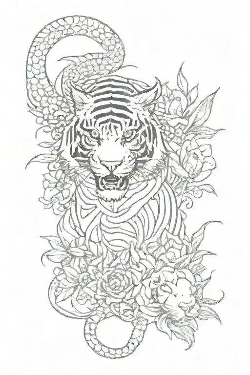 A dragon and a white tiger with an alchemy symbol and lotus flowers tattoo design idea