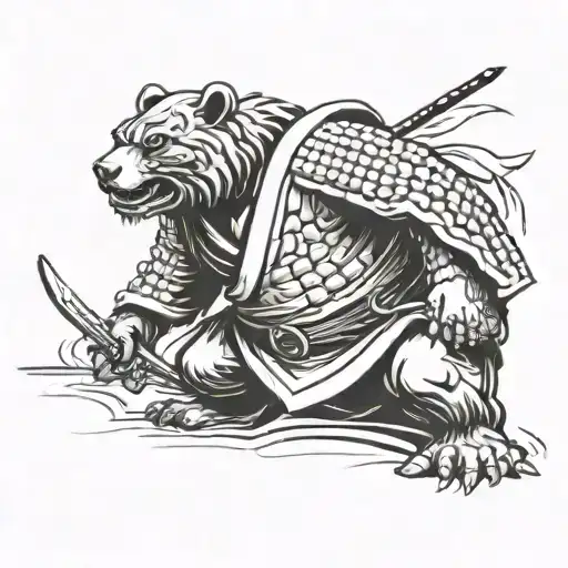 1. Samurai: You could have a samurai in a dynamic pose, with a cesspool in the background and an imposing bear at his side. tattoo design idea
