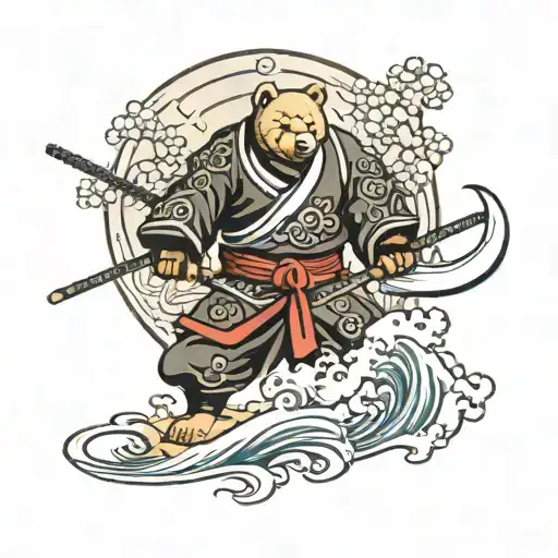 1. Samurai: You could have a samurai in a dynamic pose, with a cesspool in the background and an imposing bear accompanying him. tattoo design idea