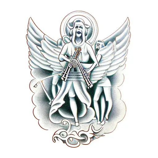 5 angels of the apocalypse with their trumpets, the beasts of hell coming out of the ground tattoo design idea