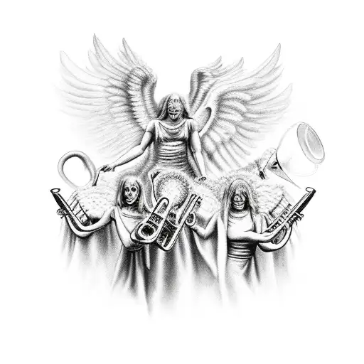 5 angels of the apocalypse with their trumpets, the beasts of hell coming out of the ground tattoo design idea