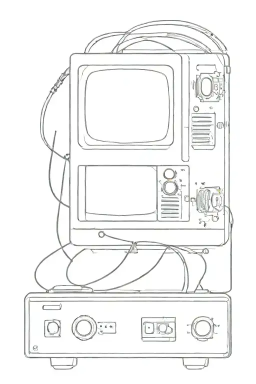 Retro television static falling out of tv, with cyberpunk straight wires and cpu coming from the tv to cpu tattoo design idea