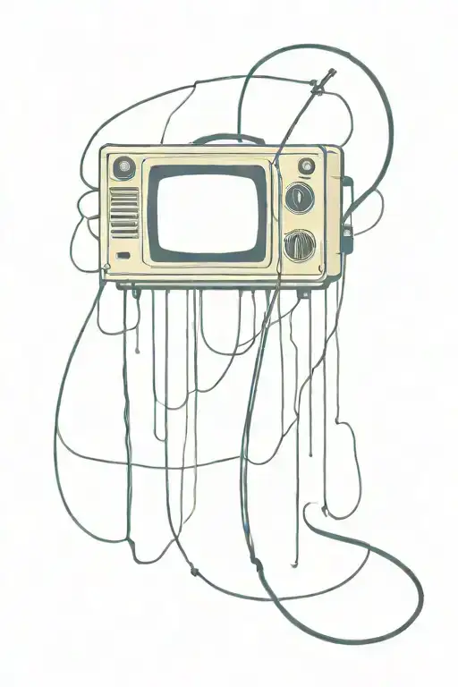 Retro television static dripping out of tv, with cyberpunk wires and cpu tattoo design idea