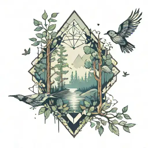geometric forest with bird flying away tattoo design idea