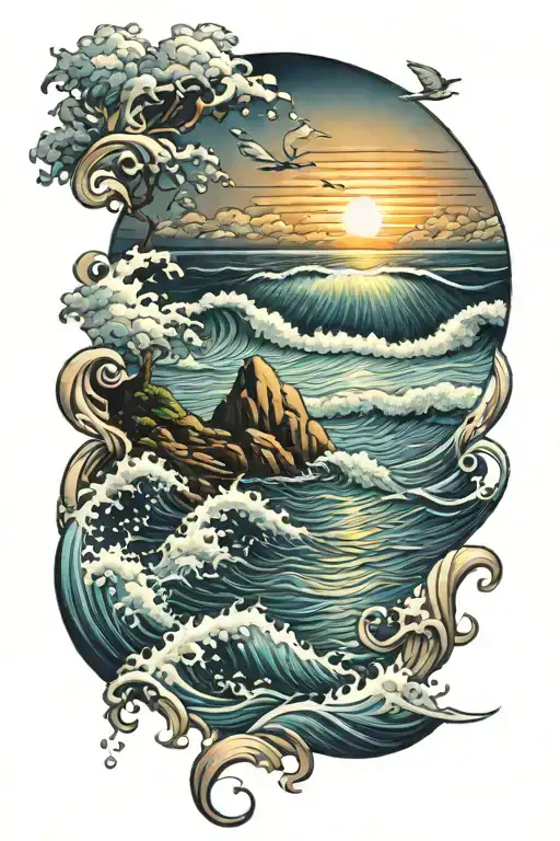 sunrise over ocean scene tattoo design idea