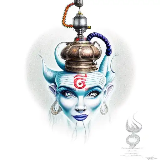 A realistic portrait of a genie coming out of a lamp tattoo design idea