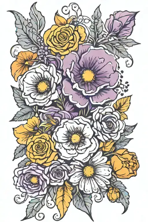 red poppy, purple african violet, orange gerbera daisy, and yellow sweet pea bouquet tattoo with paw & antler charm tattoo design idea