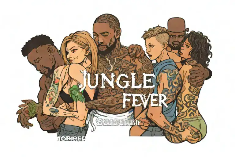 text: Jungle fever, Little skinny white girl, straight wet brown hair, snuggling against four muscular black male tattoo design idea