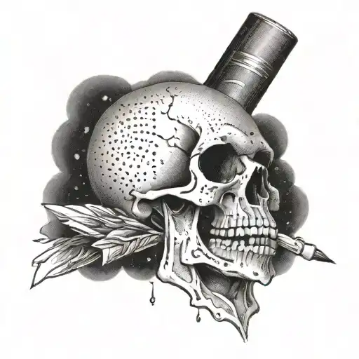 simple skull with pencil in its mouth open tattoo design idea