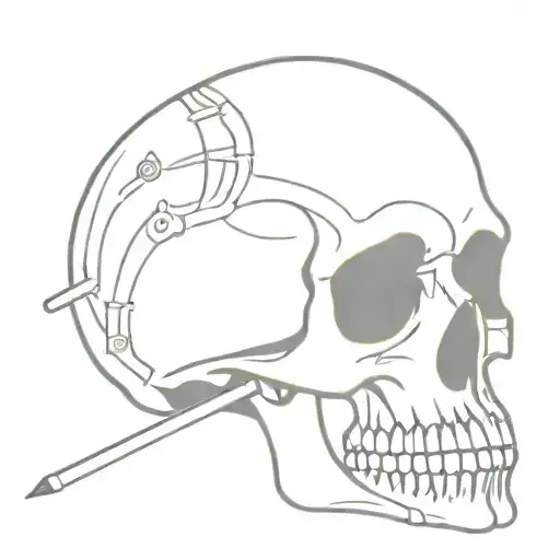 simple skull with pencil in its mouth open tattoo design idea
