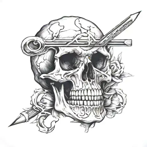 skull with pencil in its mouth open tattoo design idea
