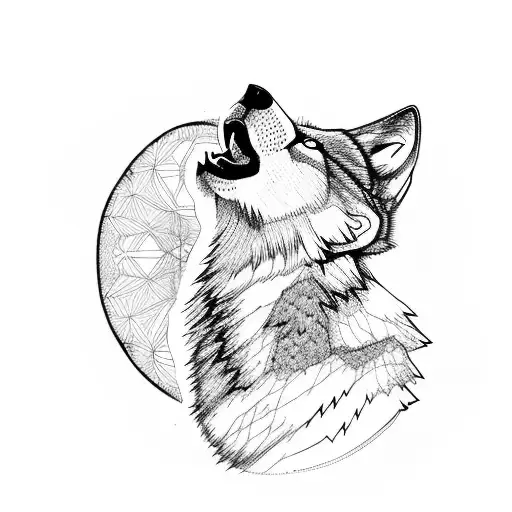 wolf howling to full moon with pine trees in background tattoo design idea