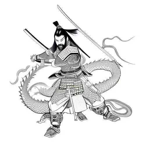 a samurai drawing his katana and a dragon in the background  tattoo design idea
