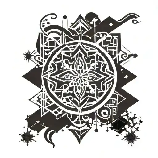 An abstract representation of calmness and patience, with elements of code and snowflakes intertwined tattoo design idea