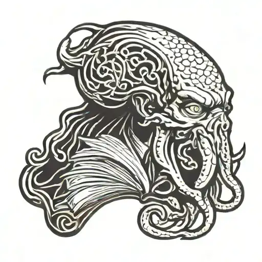 cthulhu head profile holding a book tattoo design idea