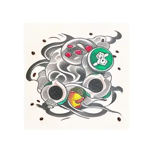 A gaming controller surrounded by energetic coffee beans tattoo design idea