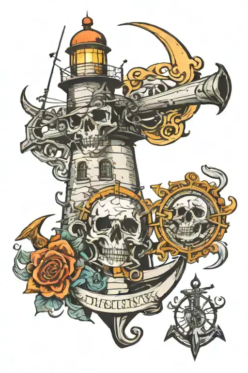 skulls lighthouse compass anchor tattoo design idea
