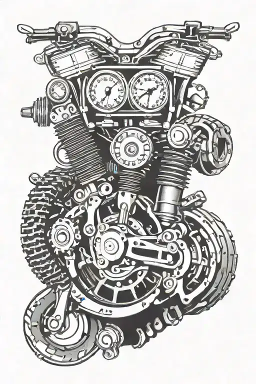 a tattoo design featuring motorcycle chain,pistons,engine,rpm meter,fuel,tires,  tattoo design idea