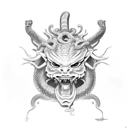 demon samurai cutting snakes off of medusa's head tattoo design idea