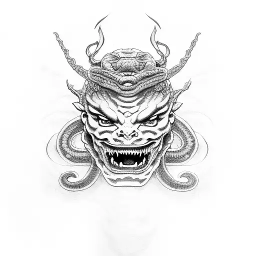 demon samurai cutting snakes off of medusa's head tattoo design idea