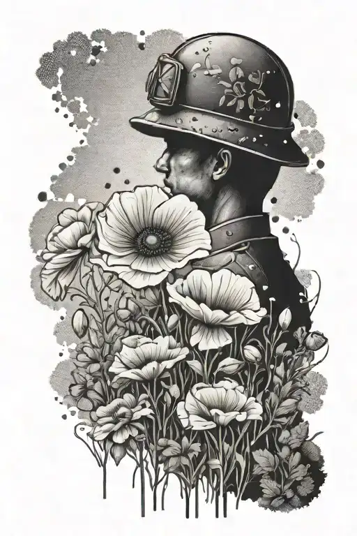 A dotwork depiction of a poppy field with a silhouette of a soldier standing amidst the flowers, merging your veteran background with your love for poppies in a unique and meaningful way. tattoo design idea