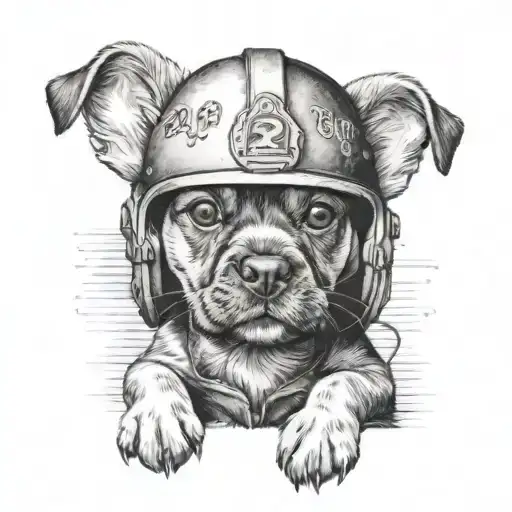 A realistic portrait of a puppy wearing a military helmet with the date 2009 subtly integrated into the background tattoo design idea