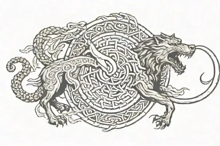 Fenrir fighting Jörmungandr with Viking symbols incorporated tattoo design idea