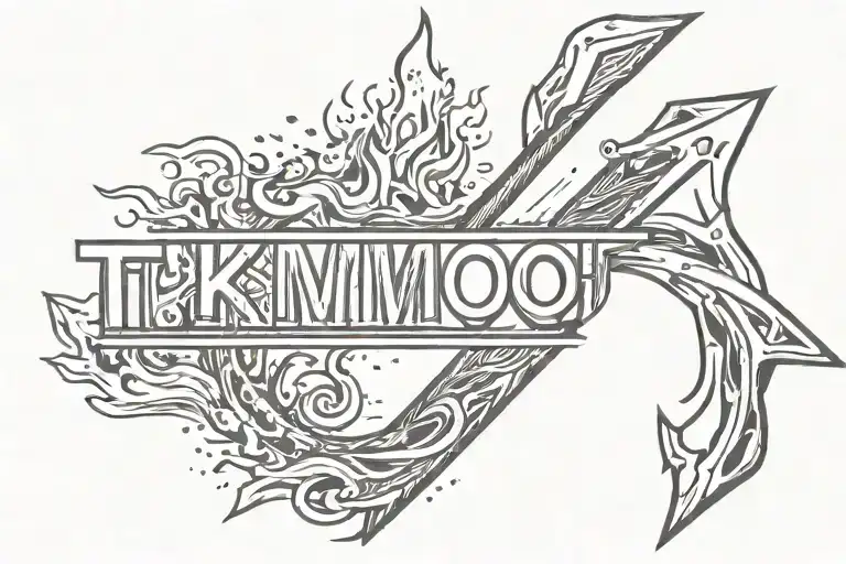 A Flaming arrow going through the letters "TKMRMQJ" tattoo design idea
