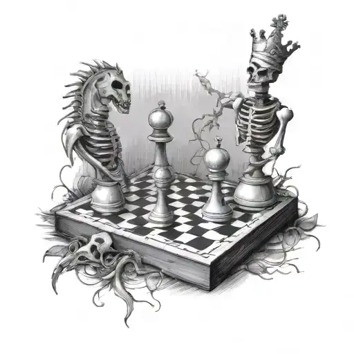 chess pieces on board 2 skeletons playing  tattoo design idea